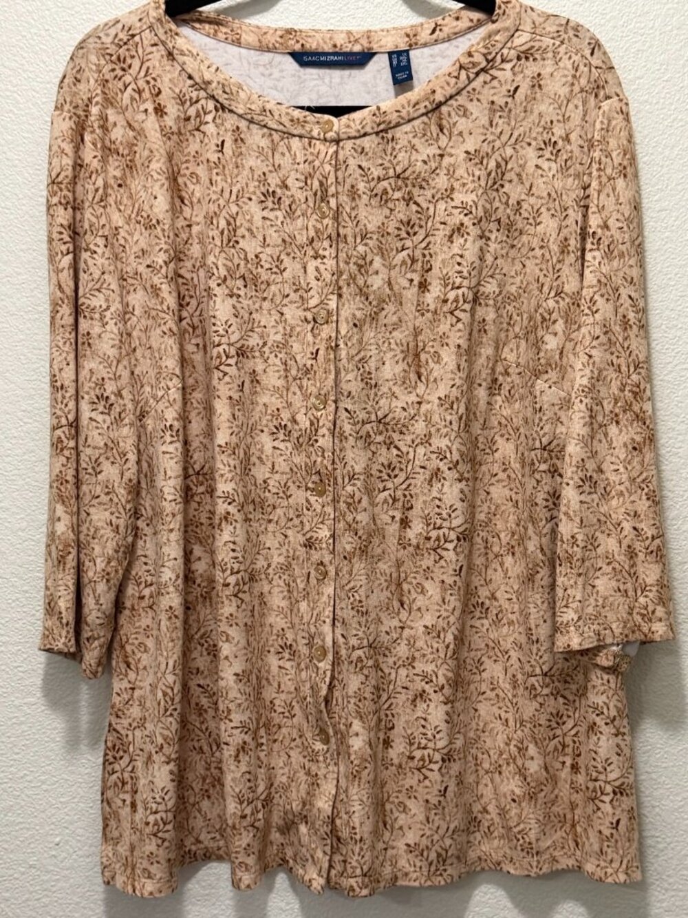 Isaac Mizrahi Live! tan and brown floral button down, size 1X